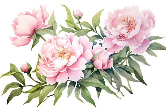 watercolor painting realistic Pink peony, branches and leaves on white background. Clipping path included.