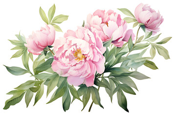 Obraz premium watercolor painting realistic Pink peony, branches and leaves on white background. Clipping path included.