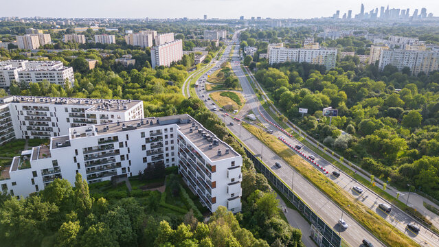 Aerial view of new residential buildings in Goclaw area, subdistrict of Praga-Poludnie, Warsaw city, Poland. View with Avenue of United States