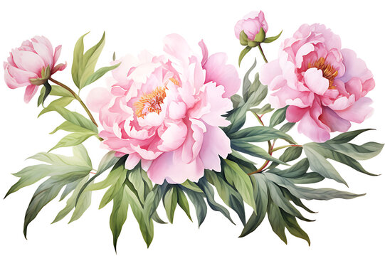 watercolor painting realistic Pink peony, branches and leaves on white background. Clipping path included.