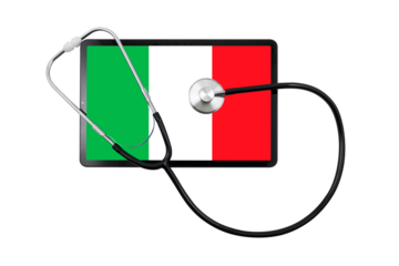 Tablet PC with Italy flag on screen and medical stethoscope on transparent background. Concept of medical diagnostics and healthcare system of Italy