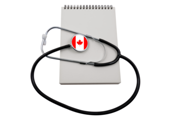 Stethoscope with a head in the form of a Canadian flag and a blank notepad on a transparent background. Concept of medical diagnostics and Canadian healthcare system