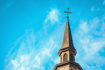 Photo of a church steeple with a cross on top against a blue sky background, taken as a close up shot Generative AI - obrazy, fototapety, plakaty