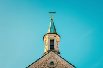 photo of church steeple with cross on top, clear blue sky background Generative AI - obrazy, fototapety, plakaty