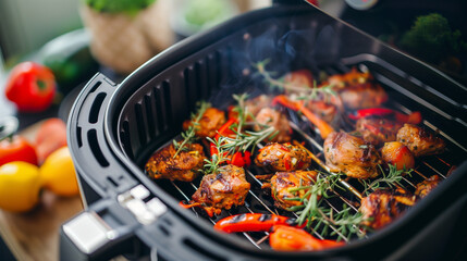 food being cooked in air fryer - obrazy, fototapety, plakaty