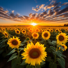 A field of sunflowers stretching towards the sun.