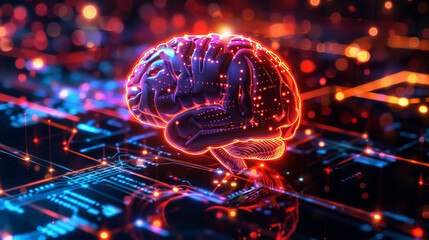 Advanced neural network a brain illuminated by neon - obrazy, fototapety, plakaty
