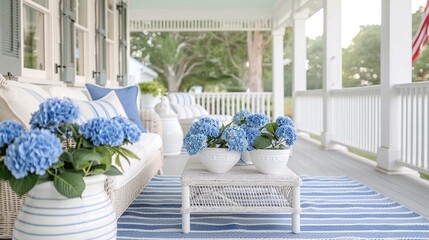 A coastal porch with a white wicker couch, a blue and white striped rug, and blue hydrangeas in...