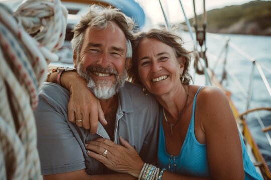 A happy man and woman are smiling for a picture on a leisure boat, enjoying their travel on the watercraft. The man has a beard and both are making a gesture of joy