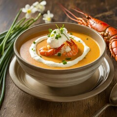 A creamy bowl of lobster bisque garnished with a dollop of whipped cream and fresh chives