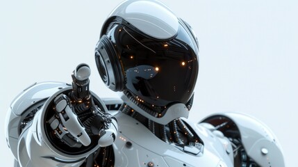 A robot pointing fingers forward standing on a white background - obrazy, fototapety, plakaty