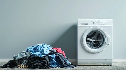 dirty laundry piled up next to a washing machine, symbolizing the concept of laundry and cleanliness, text copy space