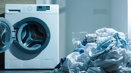 dirty laundry piled up next to a washing machine, symbolizing the concept of laundry and cleanliness, text copy space - obrazy, fototapety, plakaty