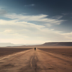 Fototapeta na wymiar A lone figure walking on an empty road in the desert