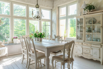 Rustic, vintage furniture, table and chairs in beige color in the dining room with large windows.