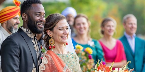 Joyous multicultural wedding celebration with a couple in traditional and western attire, symbolizing love's union across cultures under a canopy of natural light