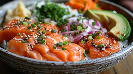 Salmon meat and avocado flavored bowl with certain ingredients, Salmon, avocado, shimeji, onion, rice, which look freshly prepared, with bright colors and tempting appearance