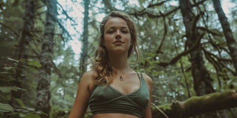 Bushcraft woman wearing a tight top in the forest posing for a vlog, concept of Outdoor skills