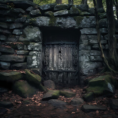 Fototapeta na wymiar A mysterious door in an ancient stone wall.