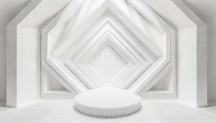 Soft light white abstract stage in elegant futuristic geometric style with simple lines and corners, polygons as background with white wood shelf for advertisement, presentation products, design. - obrazy, fototapety, plakaty