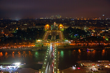 Fototapeta na wymiar Aerial view of Palais de Chaillot palace from Eiffel Tower illuminated at night