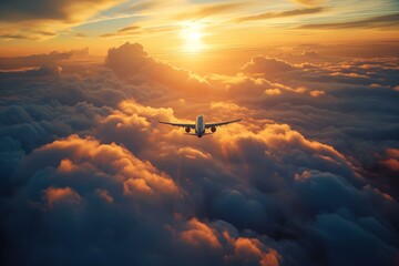 Airplane flies clouds. Trip jet. Generate Ai