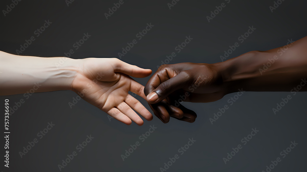 Aufkleber unity in diversity handshake. an impactful image of a black and white hand reaching out to each othe