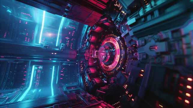 Futuristic vault unlocking intricate algorithms at work