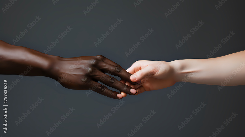 Poster symbolic gesture of racial unity. an evocative image of a black and white hand touching fingertips, 
