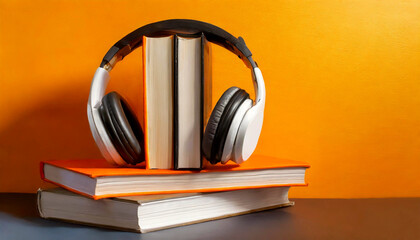 Closeup of a group of books and white and black headphones on a yellow and orange background with copy space. Audiobooks concept. Generative Ai.