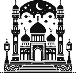 Islamic mosque buildings in silhouette for Ramadhan background. Black color mosque buildings
