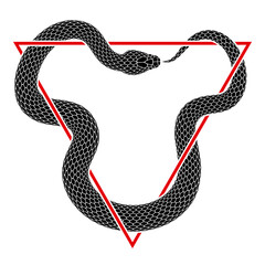 Vector tattoo design of snake bites its tail intertwining with an inverted delta sign. Isolated black silhouette of triangular ouroboros symbol. - obrazy, fototapety, plakaty