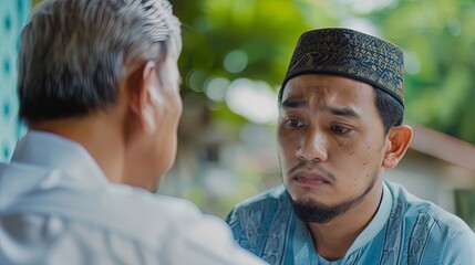 Asian Muslim man talking with his friend in the mosque. Asian Muslim man talking to his friend, ai generative