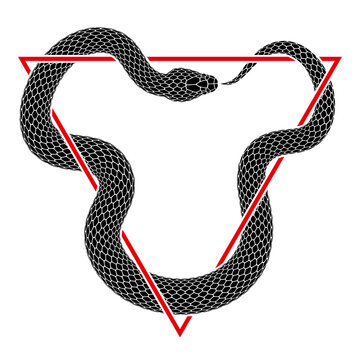 Vector tattoo design of snake bites its tail intertwining with an inverted delta sign. Isolated black silhouette of triangular ouroboros symbol.