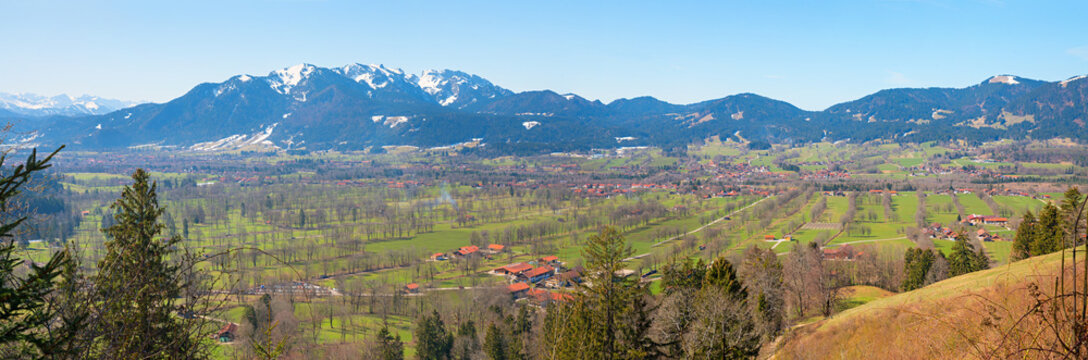 view from Sunntraten lookout place to Isar valley and Brauneck mountain, near Lenggries
