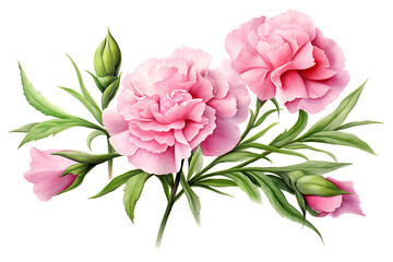 watercolor painting realistic Carnation, Flower branches and leaves on white background. Clipping path included.