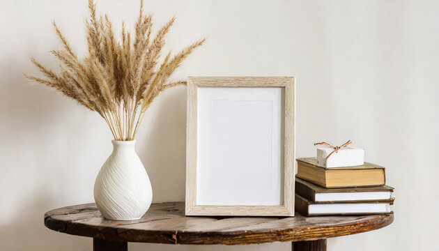 Square wooden frame mockup on vintage bench, table. Modern white ceramic vase with dry Lagurus ovatus grass, books and busines card. White wall background. Scandinavian interior.