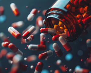 Diverse pills pour out from a bottle