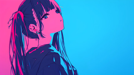 Beautiful anime idol girl looking half her head up, simple color background - obrazy, fototapety, plakaty
