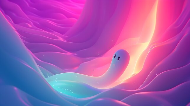 Cute Ghost Floating in Radiant Neon Waves A Whimsical Paranormal Dreamscape