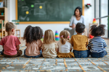 kids in elementary daycare sitting on floor, listening to teacher. nursery school children having preschool lesson