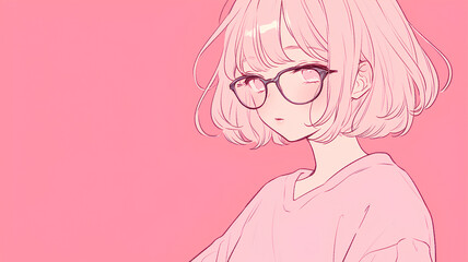 beautiful anime glasses girl looking half her head up, simple color background
