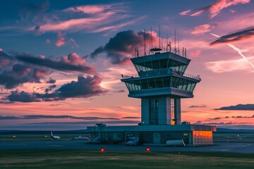 Airport control tower. Tall and glassy building with spectacular sunset. Generate AI - obrazy, fototapety, plakaty