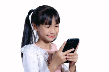 A little asian girl using smart phone, Addicted to technology small kid using smart phone, web surfing internet.on white background