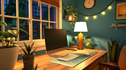 Tranquil Home Office Nook with Plants and Evening Glow