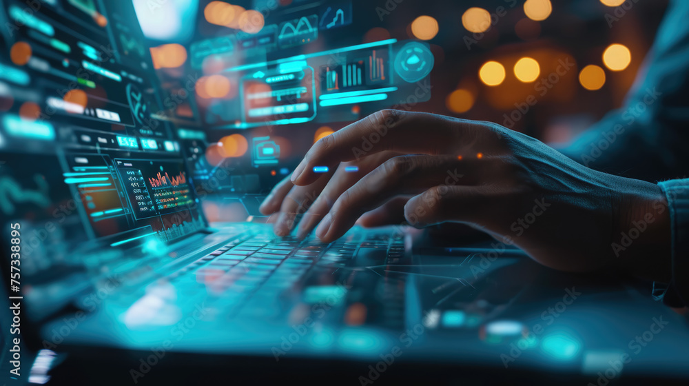 Poster close-up of a person's hands typing on a laptop keyboard, with the screen displaying futuristic digi
