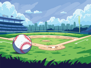 A baseball rests on a vibrant grassy field under a clear morning sky - obrazy, fototapety, plakaty