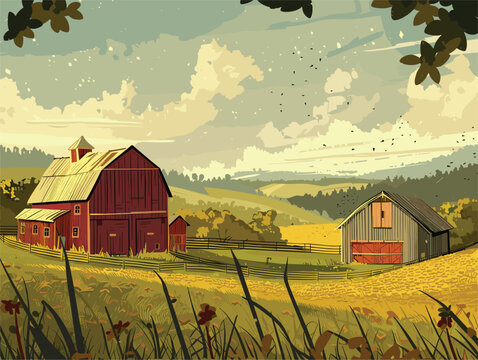 A painting of a farm with red and gray barns under a cloudy sky