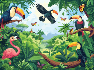 Naklejka premium Various bird species inhabit the lush jungle ecosystem