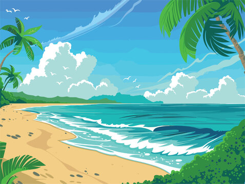 A picturesque beach scene with palm trees, crashing waves, and a clear azure sky